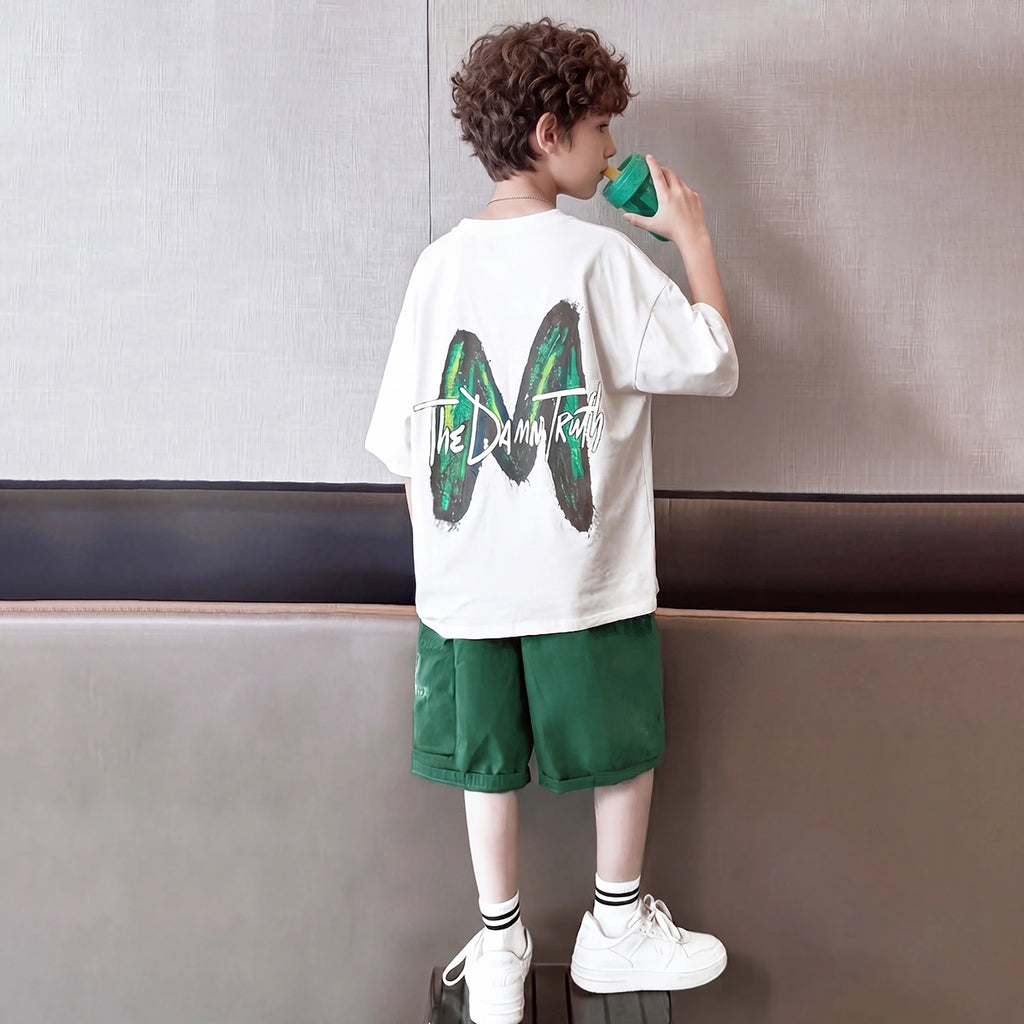 Boys White Graphic Print Short Sleeve T-Shirt With Elasticated Shorts Sets 2 pc. Sets