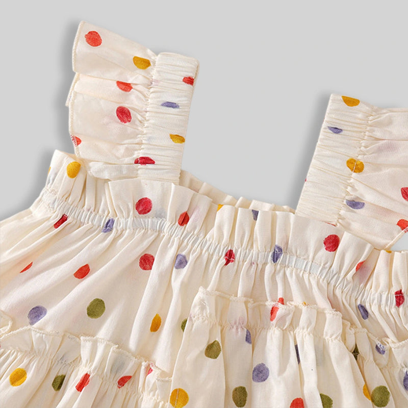 Girls Off-White Multicolour Polka Dot Printed Tiered Top With Pants Sets Sets