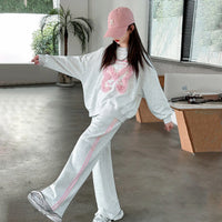 Girls Light Grey Butterfly Applique Oversized Sweatshirt With Pants Sets Sets