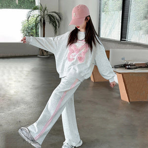 Girls Light Grey Butterfly Applique Regular Sweatshirt With Pants Sets Sets