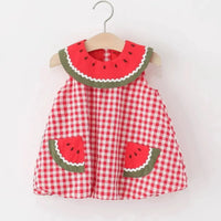 Girls Red Checked Watermelon Theme Sleeveless A-line Dress Casual Dresses