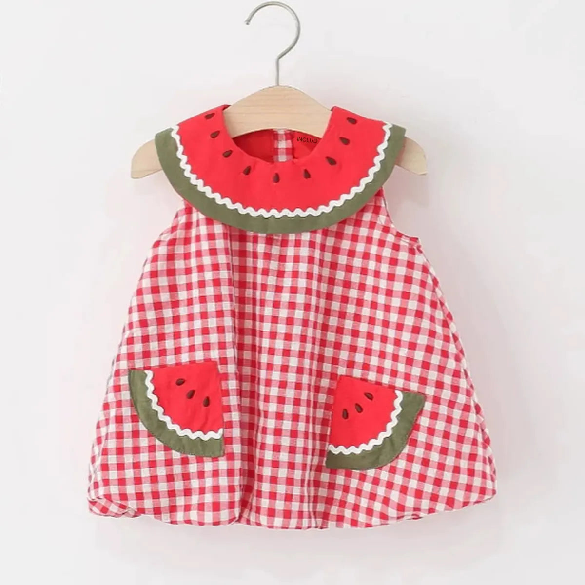 Girls Red Checked Watermelon Theme Sleeveless A-line Dress Casual Dresses