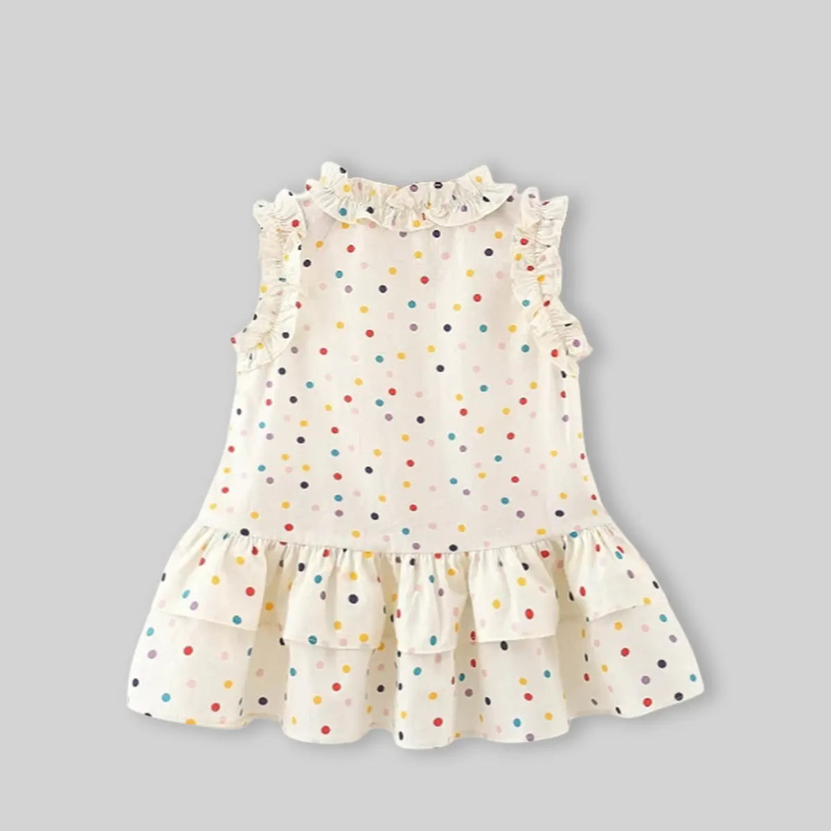 Girls Beige Polka Dot Print Drop-Waist Dress With Straw Sling Bag Casual Dresses