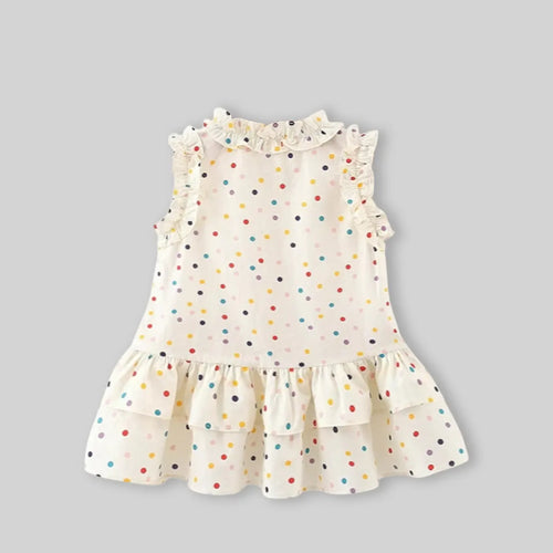 Girls Beige Polka Dot Print Drop-Waist Dress With Straw Sling Bag Casual Dresses