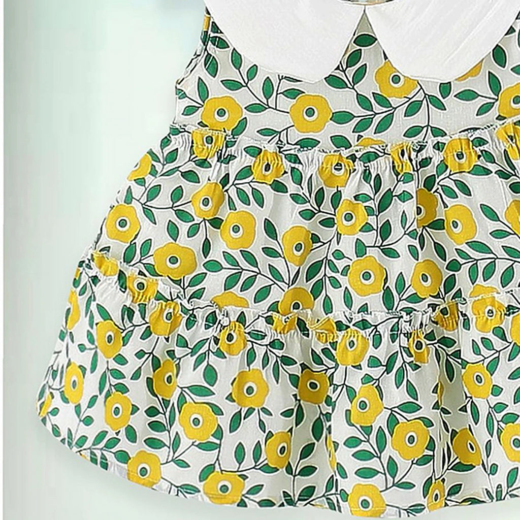 Girls Yellow Floral Print Peter Pan Collar Tiered Dress Casual Dresses