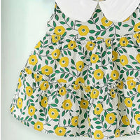 Girls Yellow Floral Print Peter Pan Collar Tiered Dress Casual Dresses