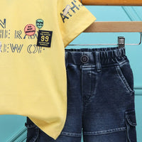 Boys Yellow Printed Short Sleeve T-Shirt With Denim Shorts Sets 2 pc. Sets