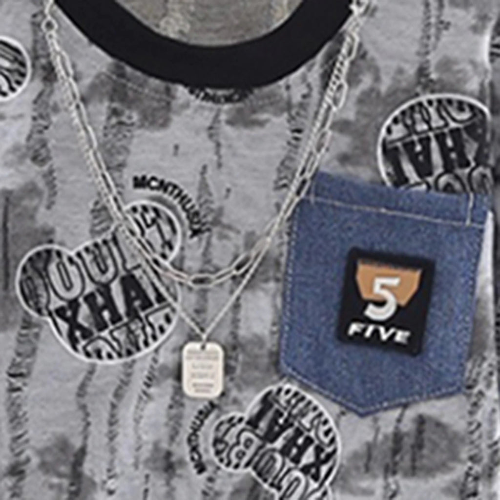 Boys Grey Typographic Print T-Shirt With Distressed Denim Shorts Set Sets