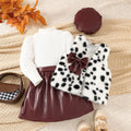 Girls Long Sleeve T-Shirt With Faux Fur Vest & Brown Faux Leather Skirt & Hat Sets Sets Brown 2-3 Y