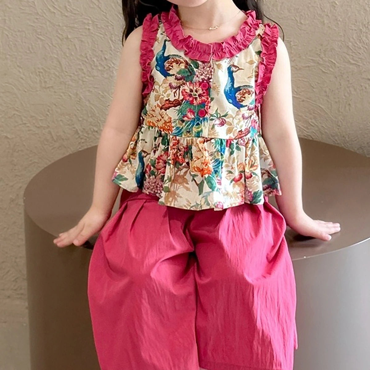 Girls Dark Pink Peacock Print Peplum Top With Pants Sets Sets