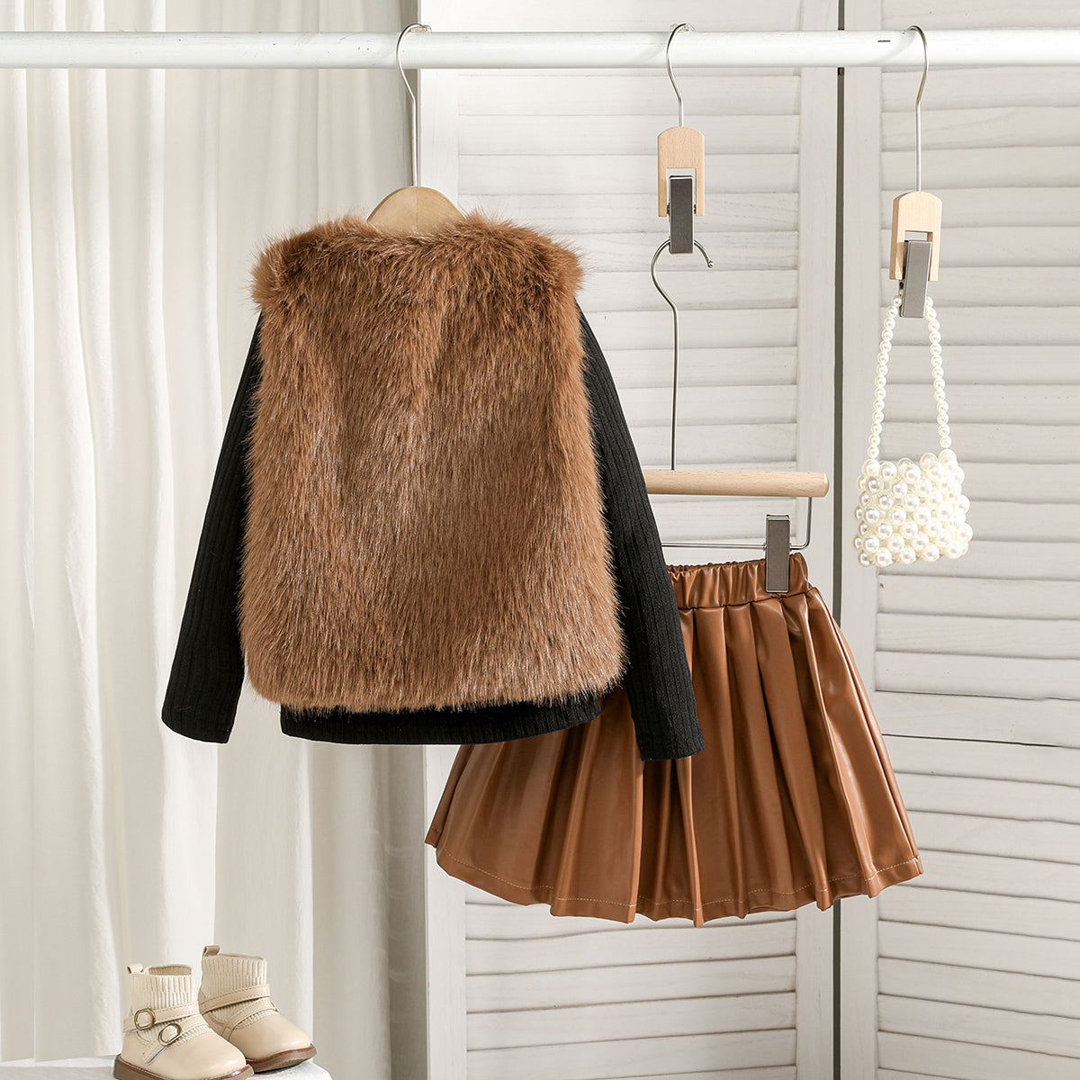 Girls Brown Skiwi with Faur Fur Jacket & PU Flared Skirt Set Sets