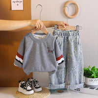 Boys Grey Solid Sweatshirt With Distressed Denim Pants Set 2 pc. Sets Grey 1-2 Y