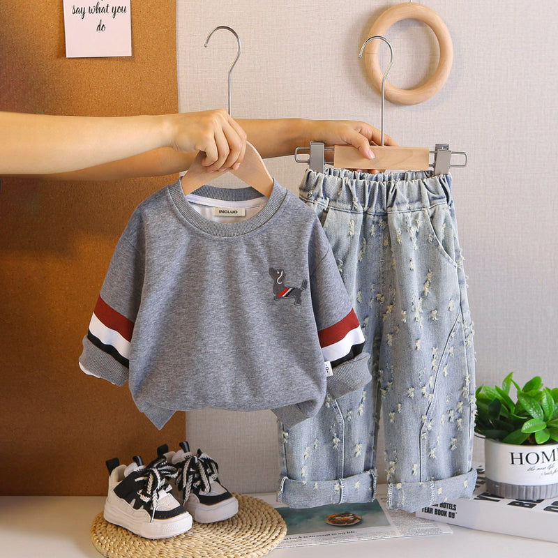 Boys Grey Solid Sweatshirt With Distressed Denim Pants Set 2 pc. Sets Grey 1-2 Y