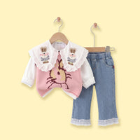 Girls Pink Jacquard Sweater vest With Top And Denim Pants Sets 3 pc. Sets Pink 1-2 Y