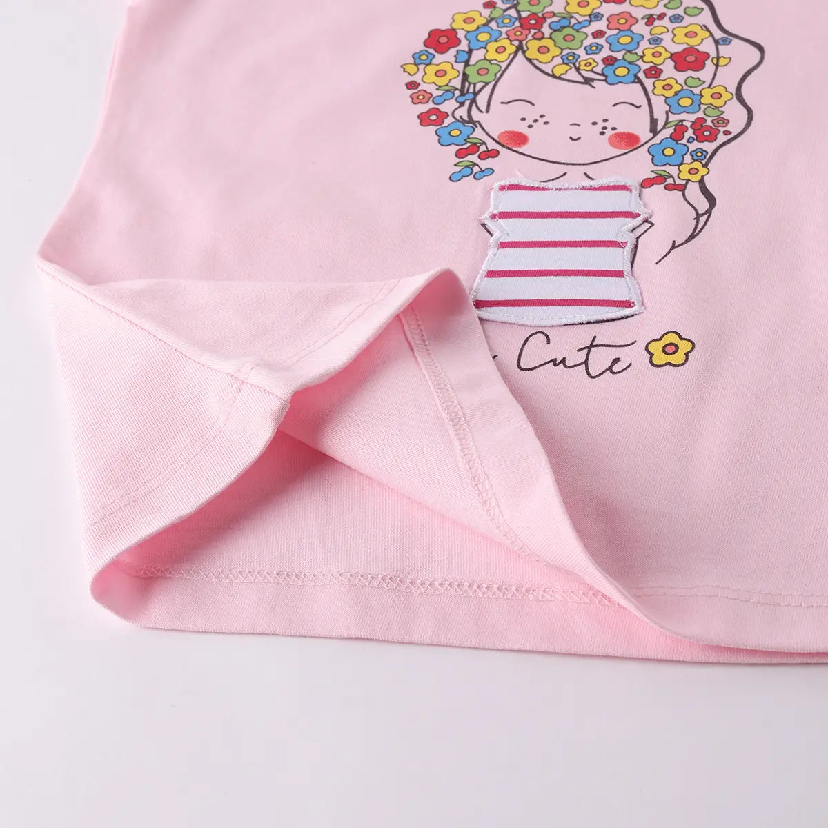 Girls Light Pink Graphic Short Sleeves Top With Drawstring Shorts Sets Sets