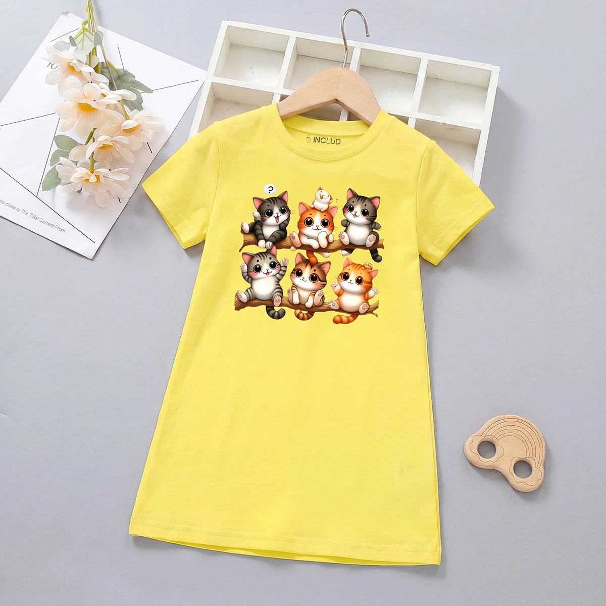 Girls Yellow Kitten Graphic Short Sleeve T-Shirt Dress Casual Dresses Yellow 4-5 Y