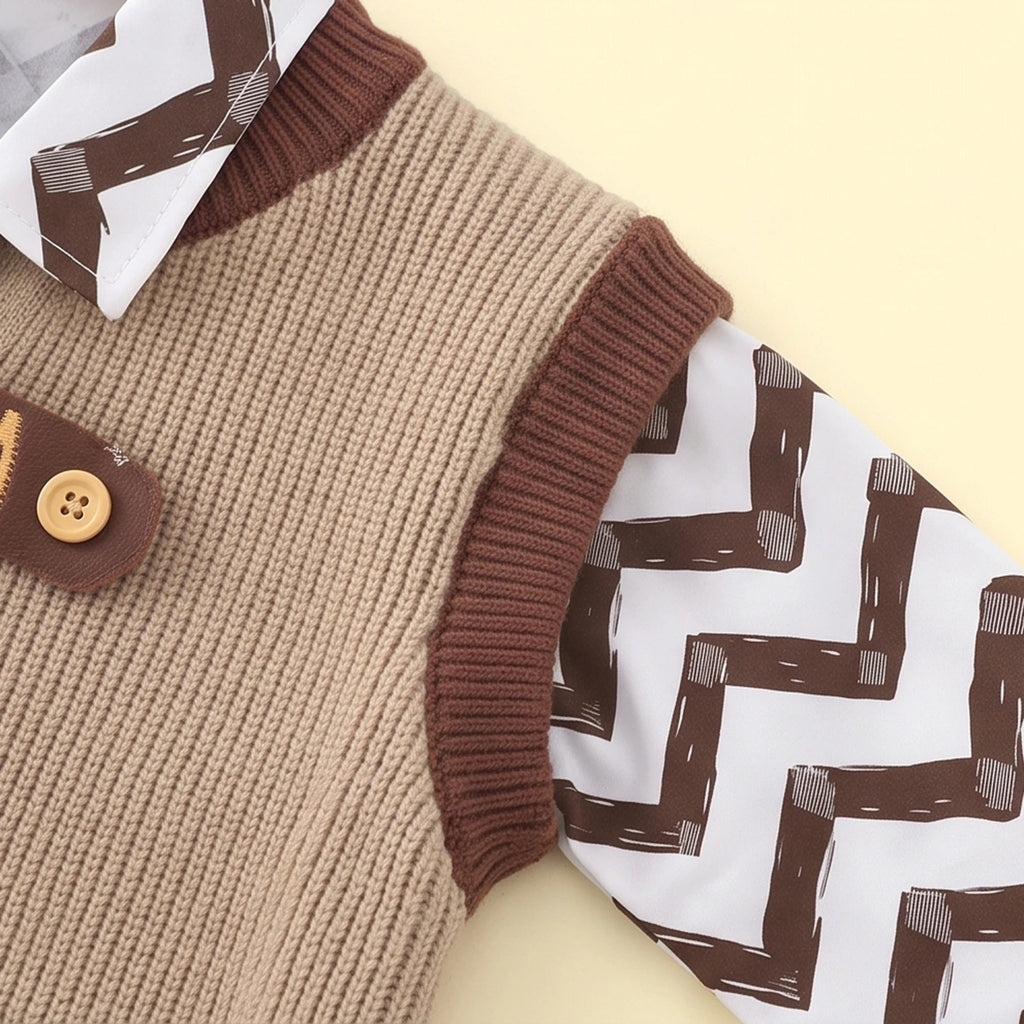 Boys light brown sweater vest with shirt and pants set