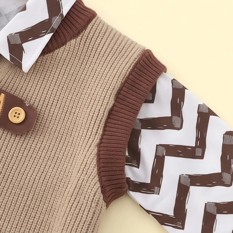 Boys light brown sweater vest with shirt and pants set
