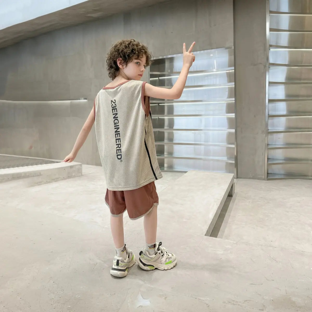 Boys Brown Number Print Vest With Shorts Sets Sets