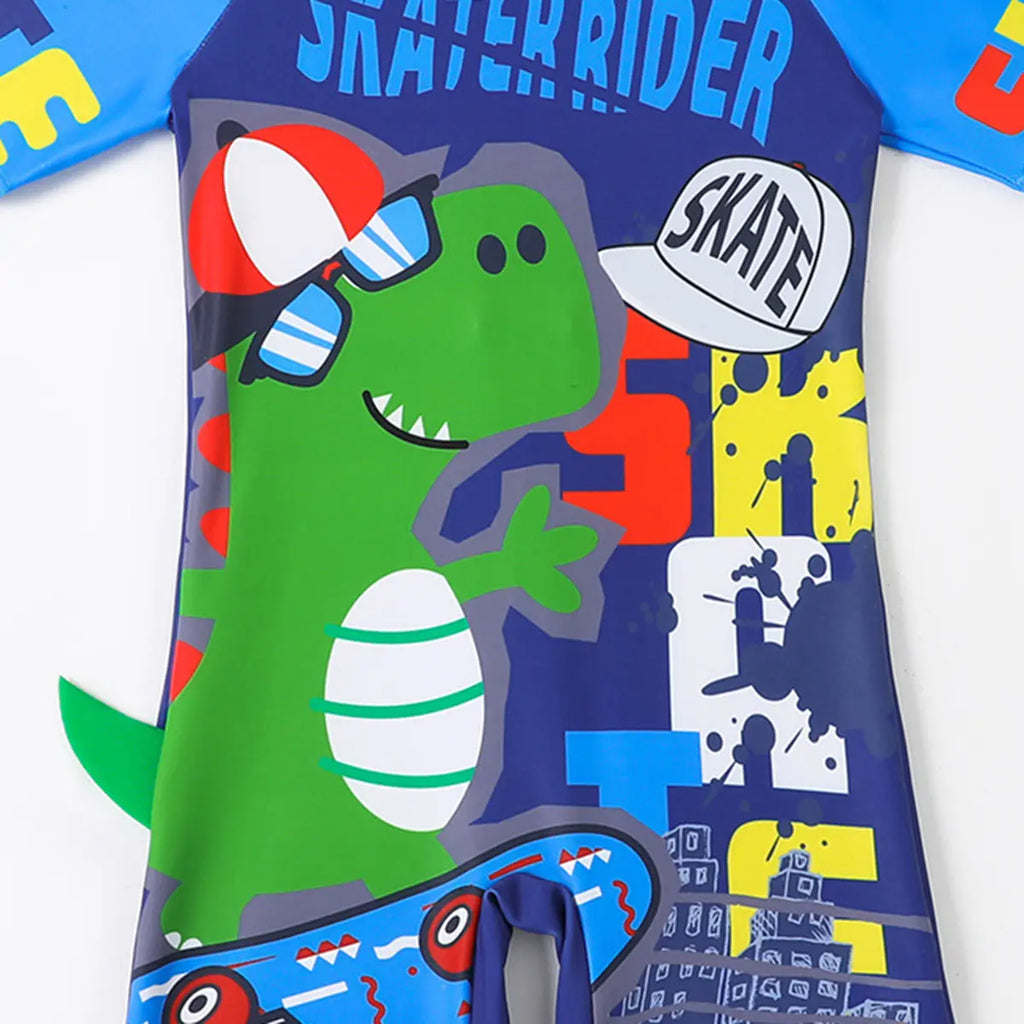 Boys Blue Graphics Short Sleeves Swimwear Bodysuit Beachwear