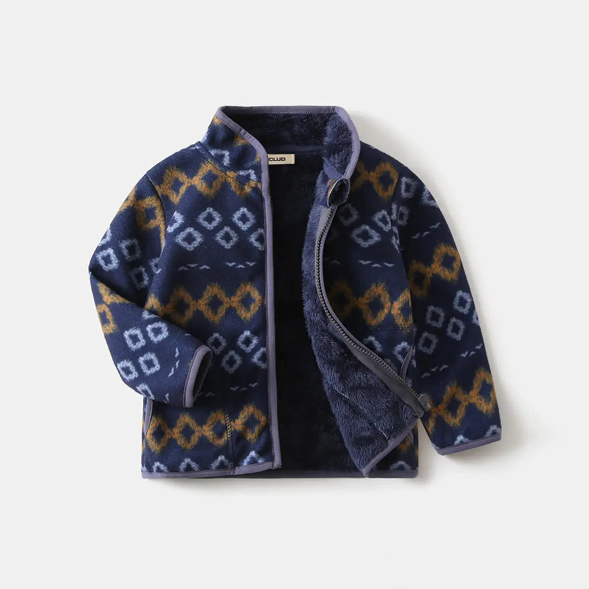 Boys Blue Fleece Zip-up Jacket With Self-Design Geometric Patterns Coats & Jackets