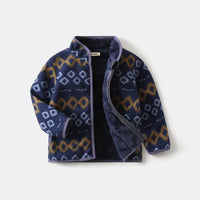 Boys Blue Fleece Zip-up Jacket With Self-Design Geometric Patterns Coats & Jackets