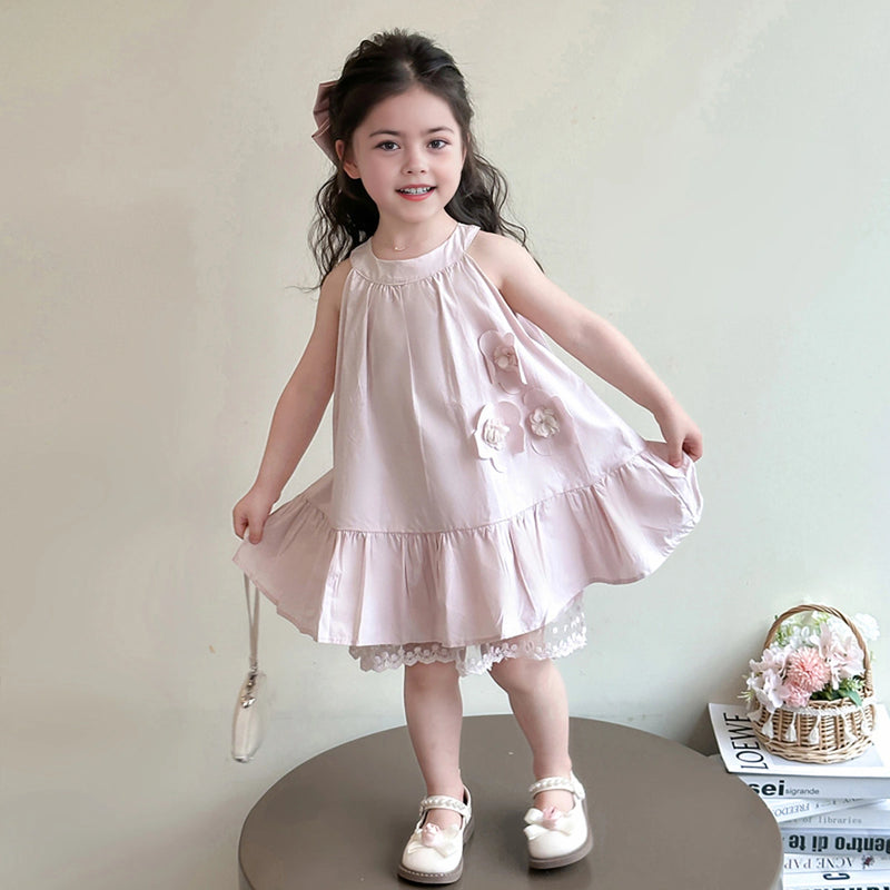Girls Pink Flowers Applique Sleeveless Summer A-line Dress Casual Dresses Pink 1-2 Y
