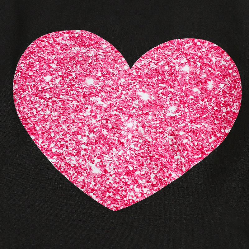 Girls Black Heart Print Short Sleeves T-Shirt With Denim Wide-Leg Pants Set Sets