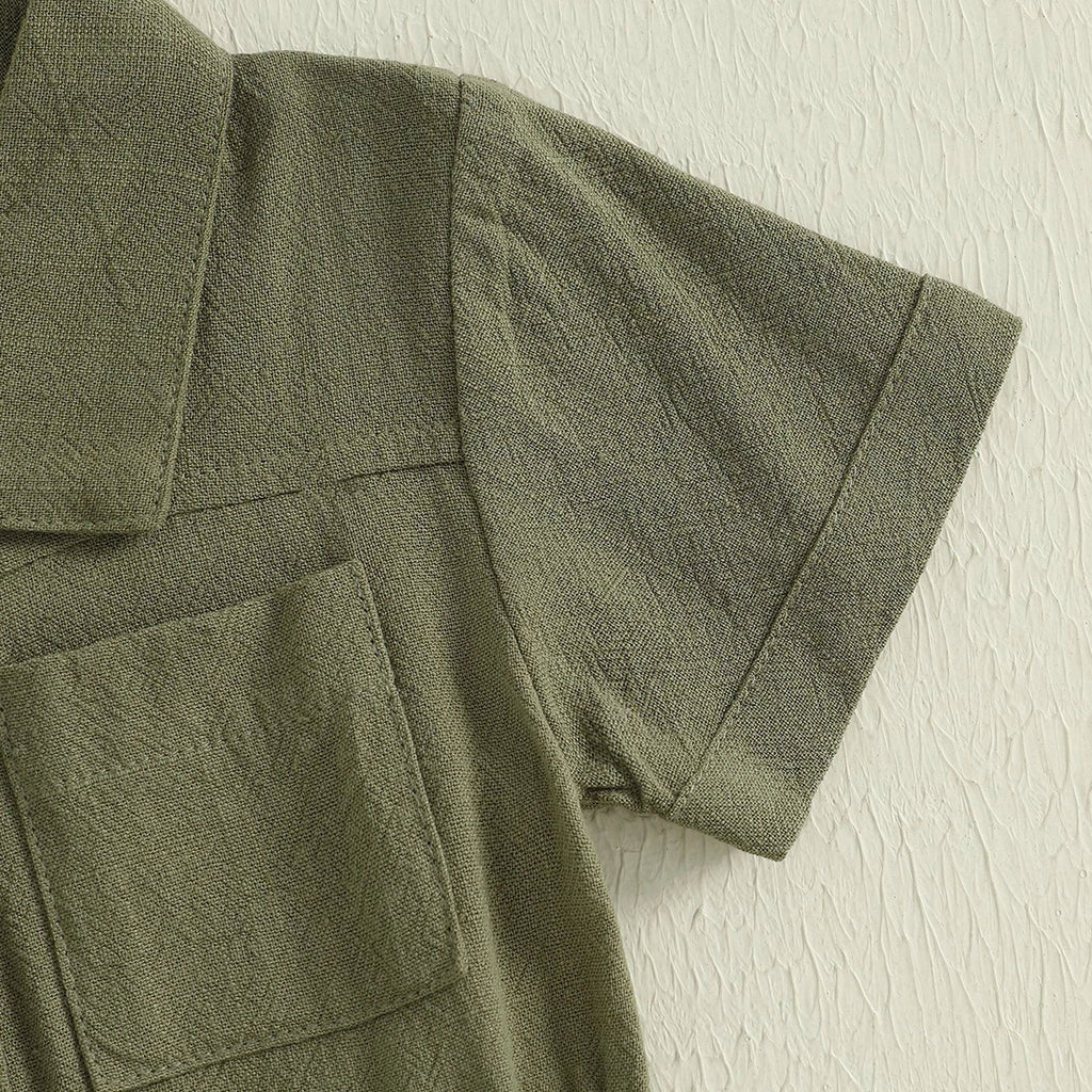 Girls Olive Green Button Front Short Sleeve Romper With Bow Detail Playsuits