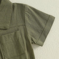 Girls Olive Green Button Front Short Sleeve Romper With Bow Detail Playsuits