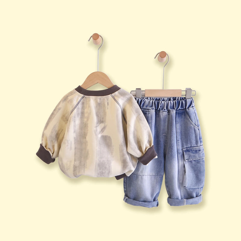 Boys Grey Typography Raglan Sleeve Sweatshirt With Denim Pants Sets 2 pc. Sets