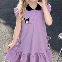 Girls Purple Graphic Print Flutter Sleeve Polo Dress Casual Dresses