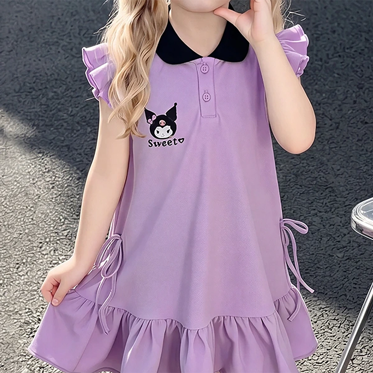 Girls Purple Graphic Print Flutter Sleeve Polo Dress Casual Dresses