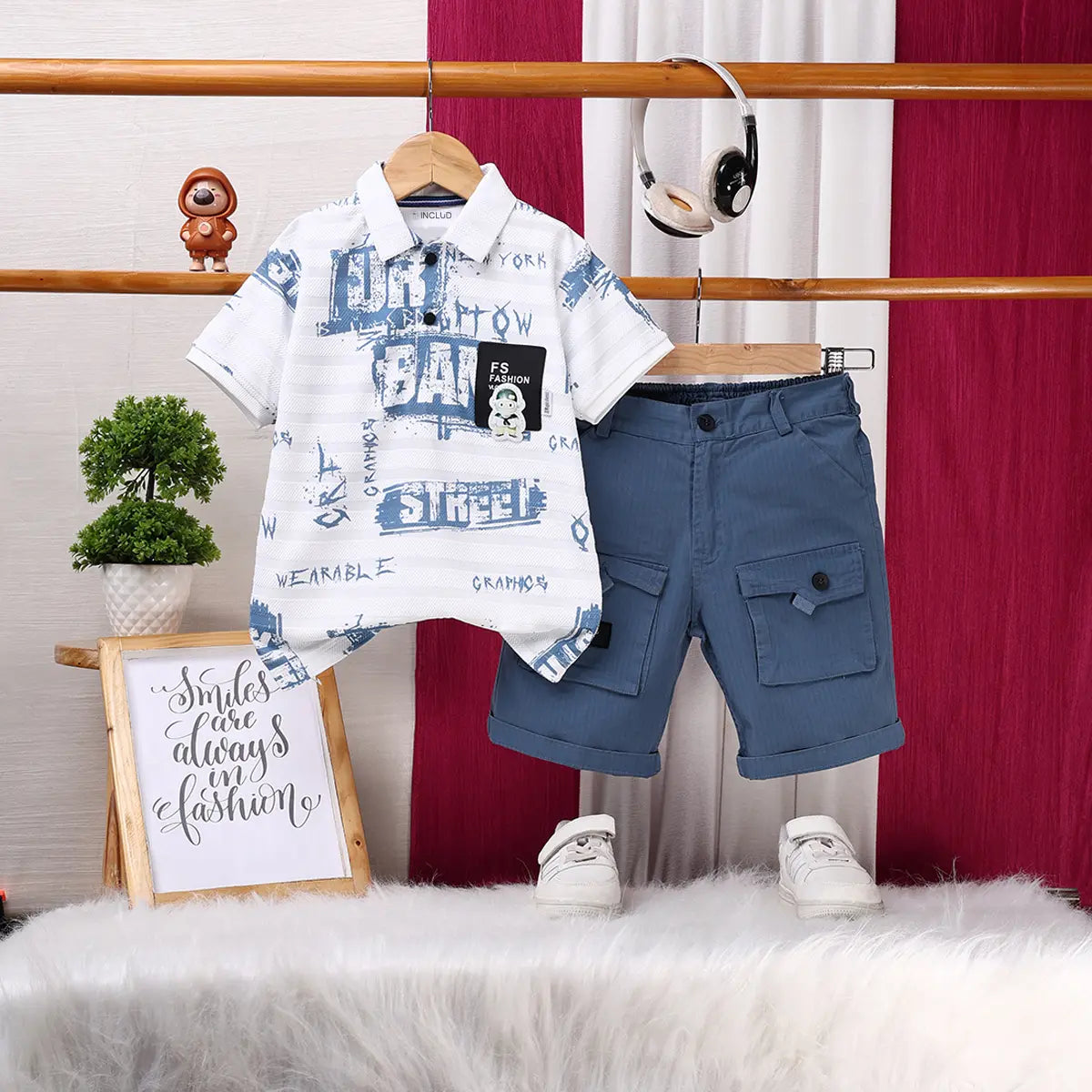 Boys White Typographic Printed Short Sleeve Polo T-Shirt With Cargo Shorts Sets Sets White 1-2 Y
