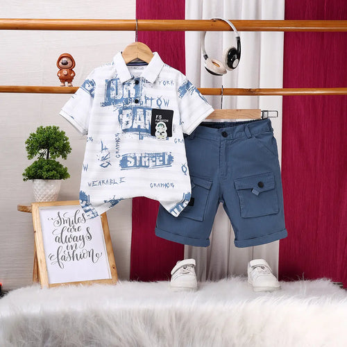 Boys White Typographic Printed Short Sleeve Polo T-Shirt With Cargo Shorts Sets Sets White 1-2 Y