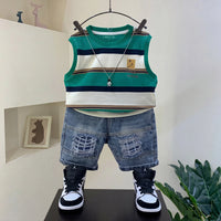 Boys Green Striped T-Shirt With Denim Shorts Sets 2 pc. Sets Green 1-2 Y