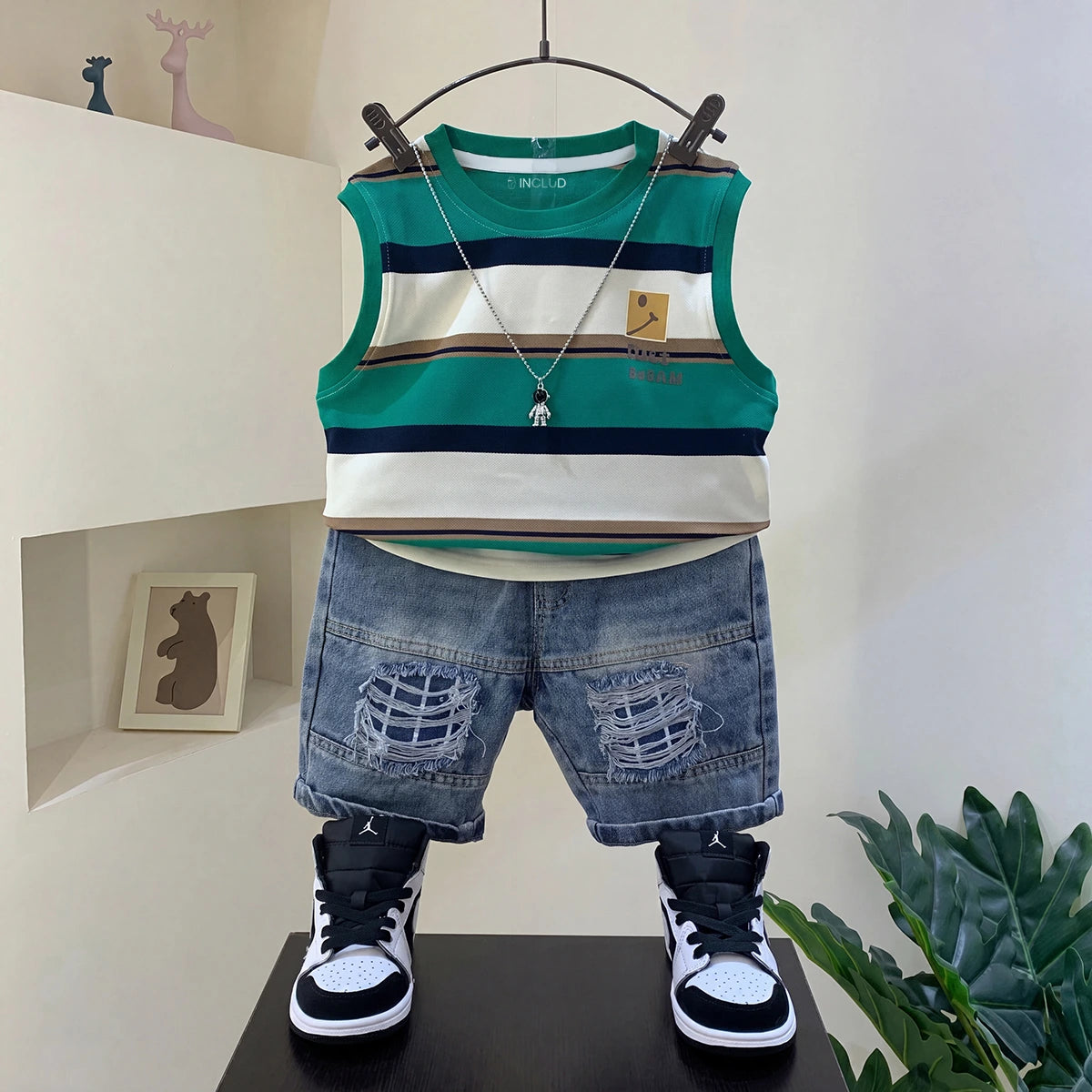 Boys Green Striped T-Shirt With Denim Shorts Sets 2 pc. Sets Green 1-2 Y