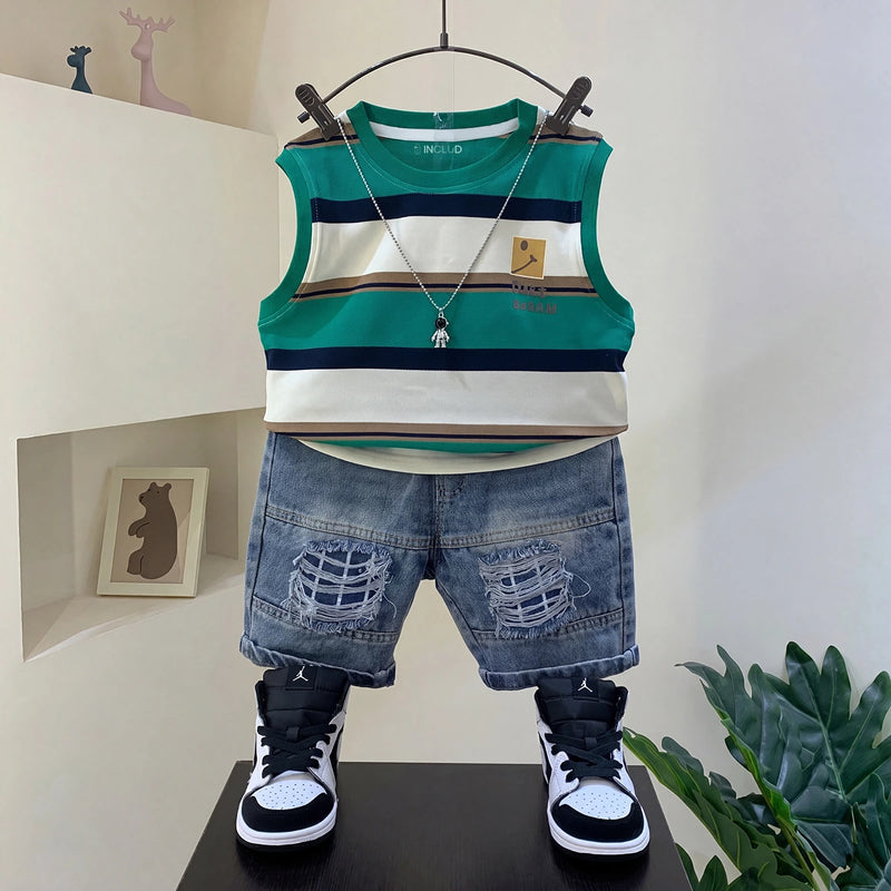 Boys Green Striped T-Shirt With Denim Shorts Sets 2 pc. Sets Green 1-2 Y
