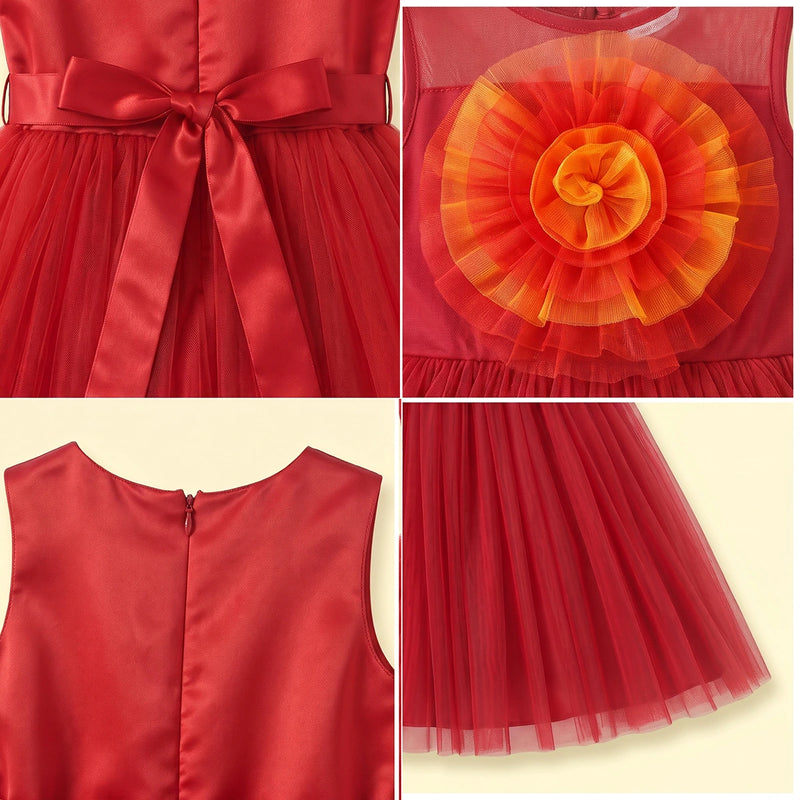 Girls red sleeveless party gown with tulle skirt and applique