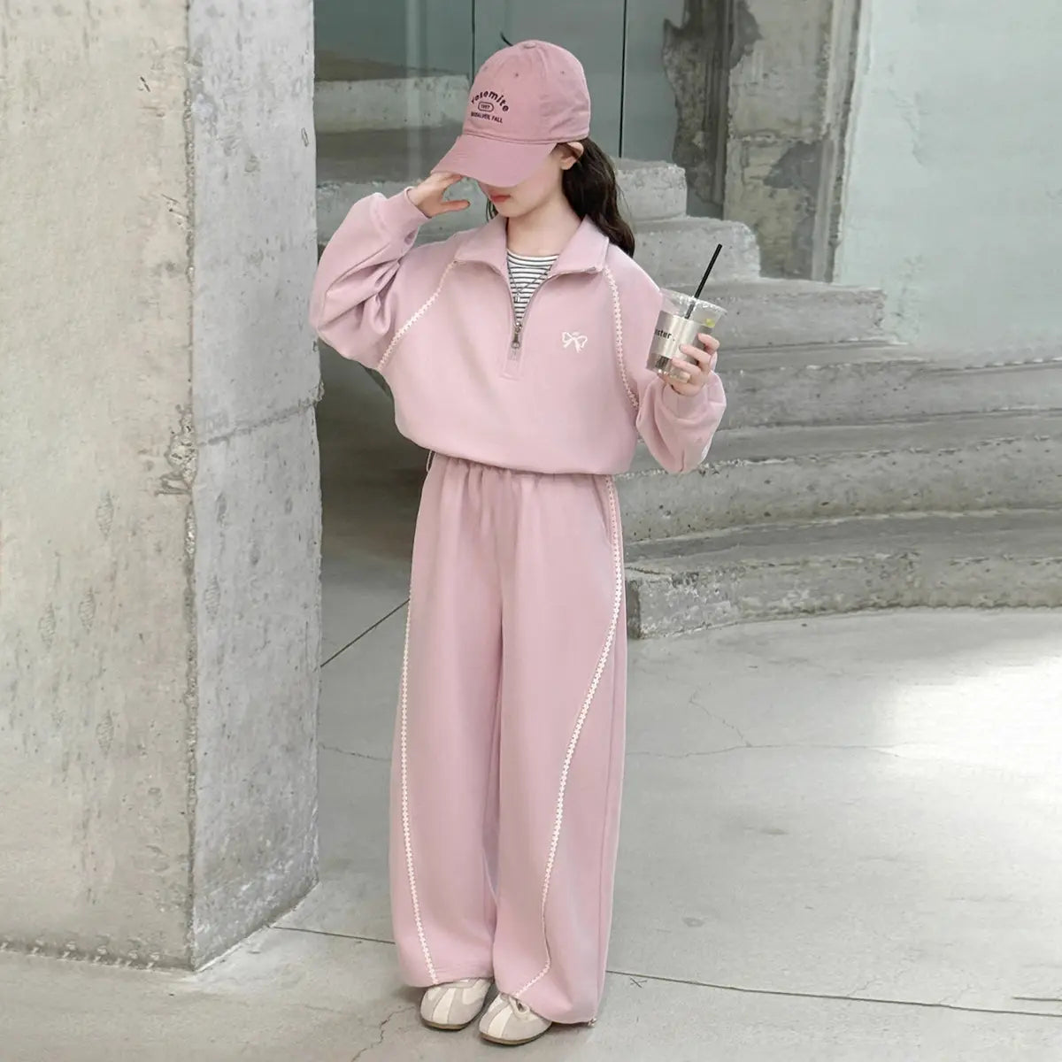 Girls Pink Half Zipper Pullover Top With Wide Leg Pants Co-ord Sets Sets