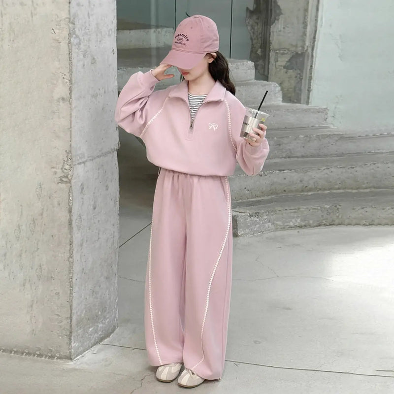 Girls Pink Half Zipper Pullover Top With Wide Leg Pants Co-ord Sets Sets