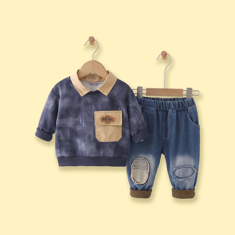 Boys Navy Blue Abstract Print Sweatshirt With Denim Pants Sets Sets Navy Blue 1-2 Y