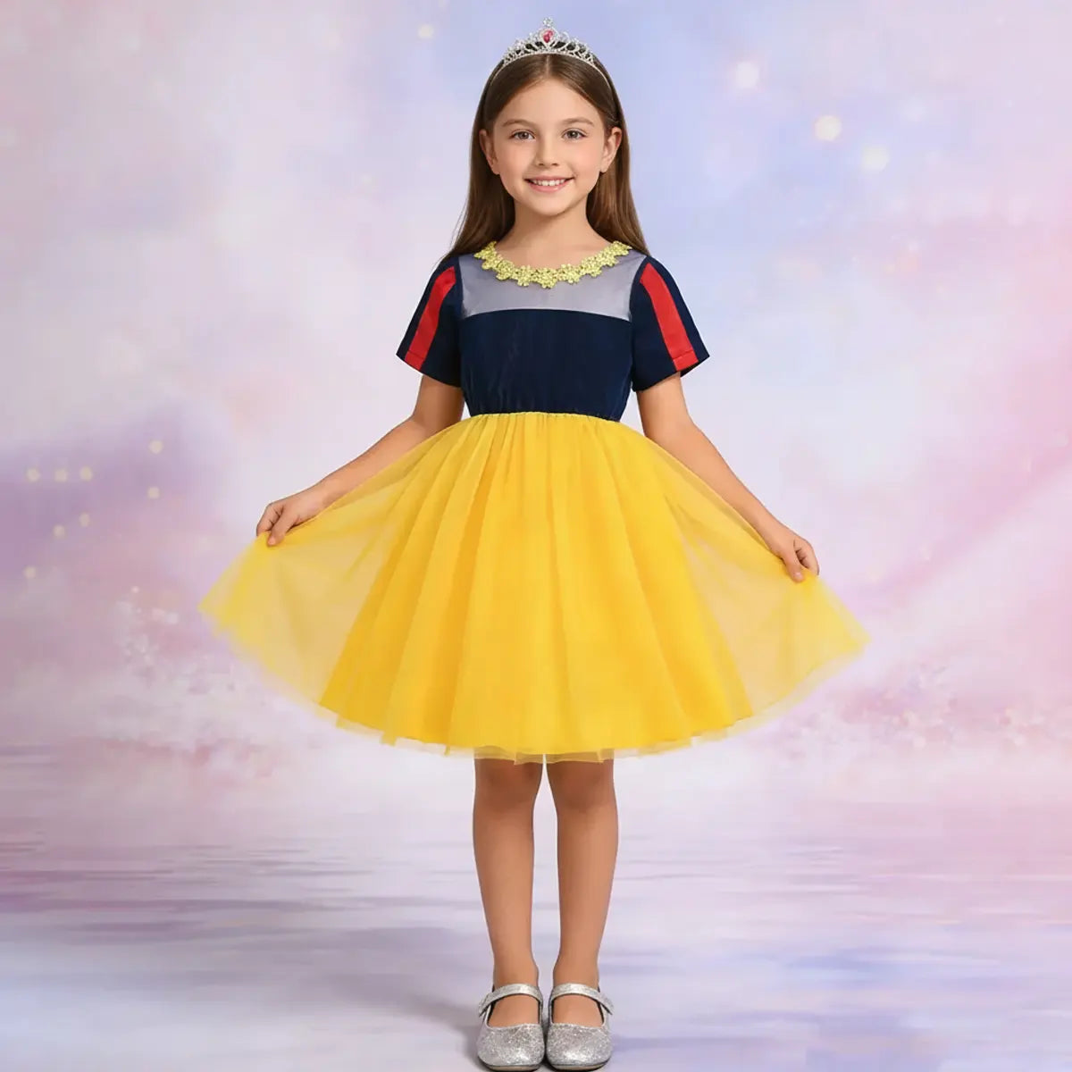 Girls Yellow Colorblocked Fit & Flare Dress With Tulle-overlay Skirt Casual Dresses