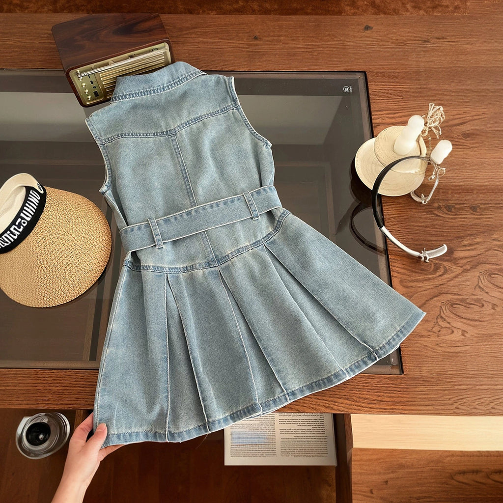 Girls Light Blue Sleeveless Belted Denim Shirt Dress Casual Dresses