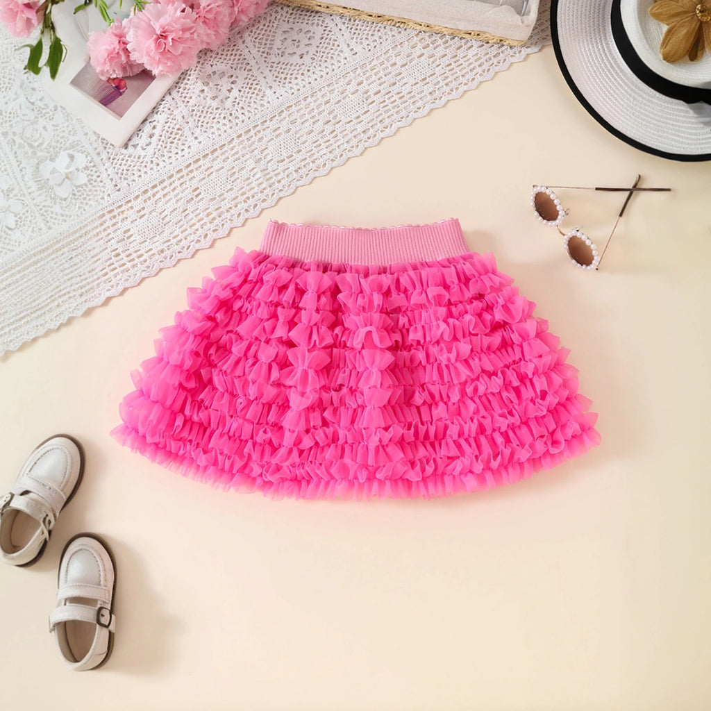Girls Black Graphics Crop Top With Tulle Ruffles Skirts Set Sets