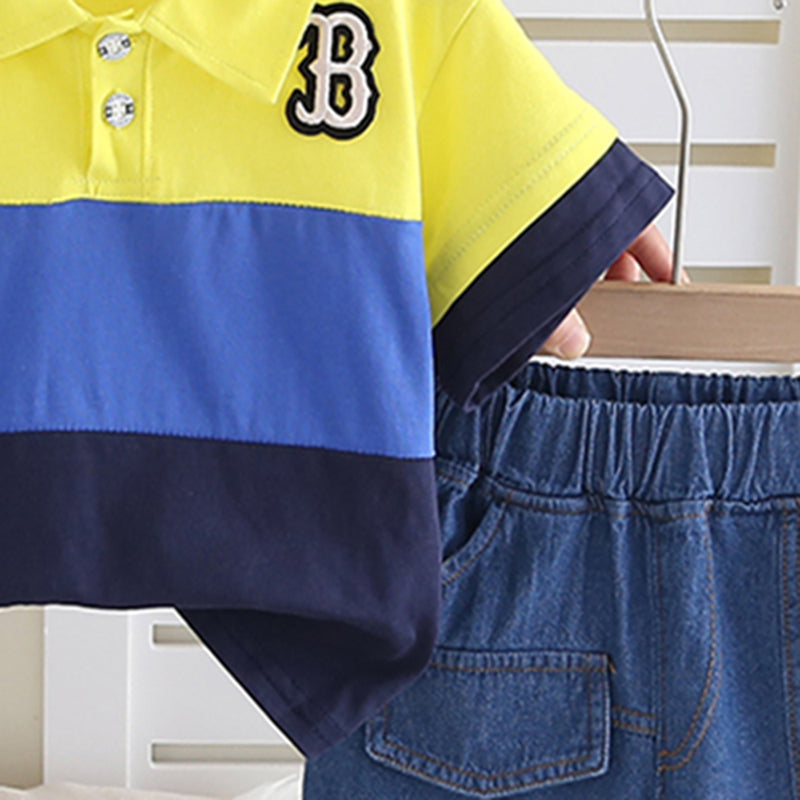 Boys Yellow Colo-blocked Polo T-Shirt With Denim Shorts Set 2 pc. Sets