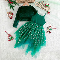 Girls Green Embroidered Tulle Overlay Fit & Flare Dress With Shrug Casual Dresses