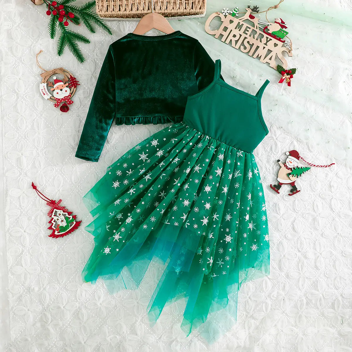 Girls Green Embroidered Tulle Overlay Fit & Flare Dress With Shrug Casual Dresses