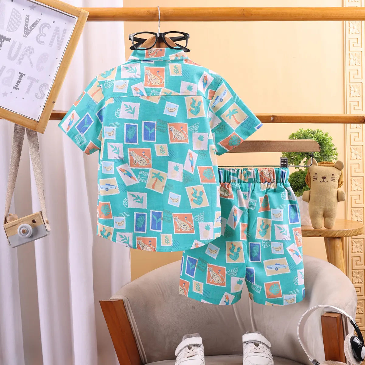 Boys Sea Green Graphic Short Sleeve Shirt With Elasticated Shorts Sets 2 pc. Sets
