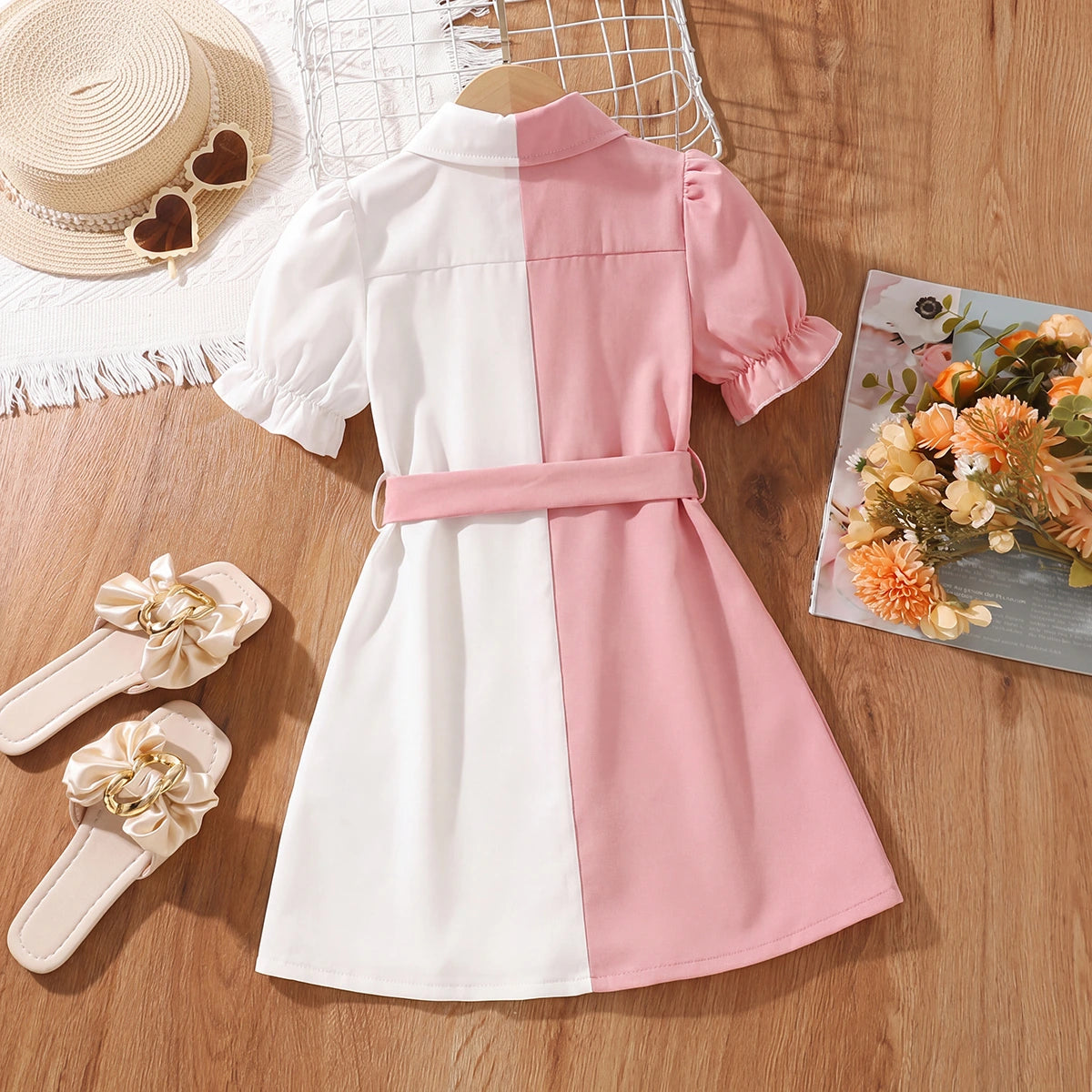 Girls Pink White Colourblocked Puff Sleeve Shirt Dress Casual Dresses